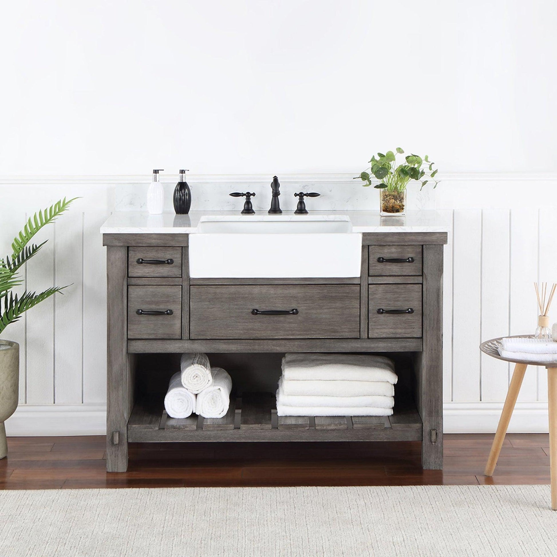 Vinnova Villareal 48" Single Bath Vanity In Classical Grey With Composite Stone Top In White Finish And White Farmhouse Basin