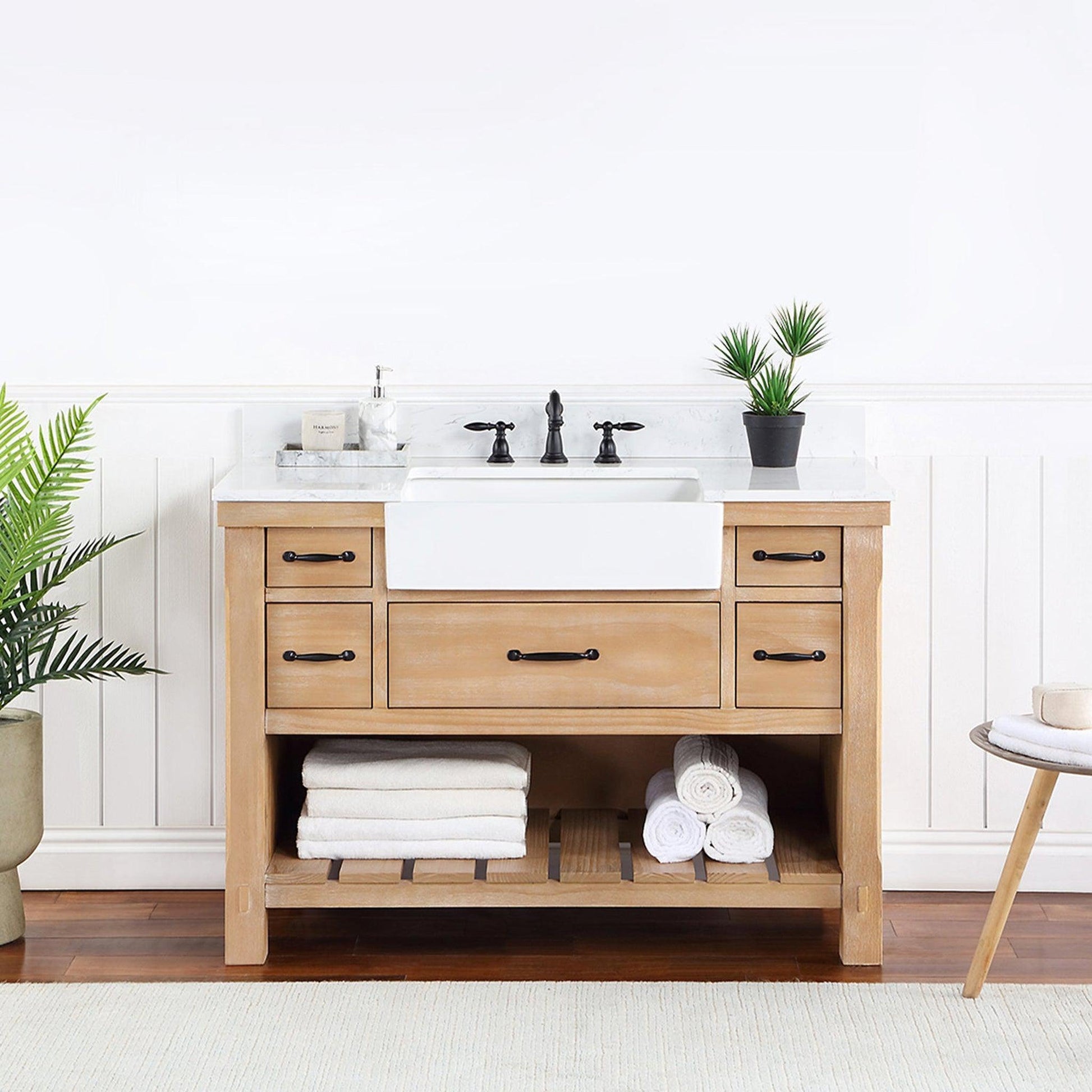 Vinnova Villareal 48" Single Bath Vanity In Weathered Pine With Composite Stone Top In White Finish And White Farmhouse Basin