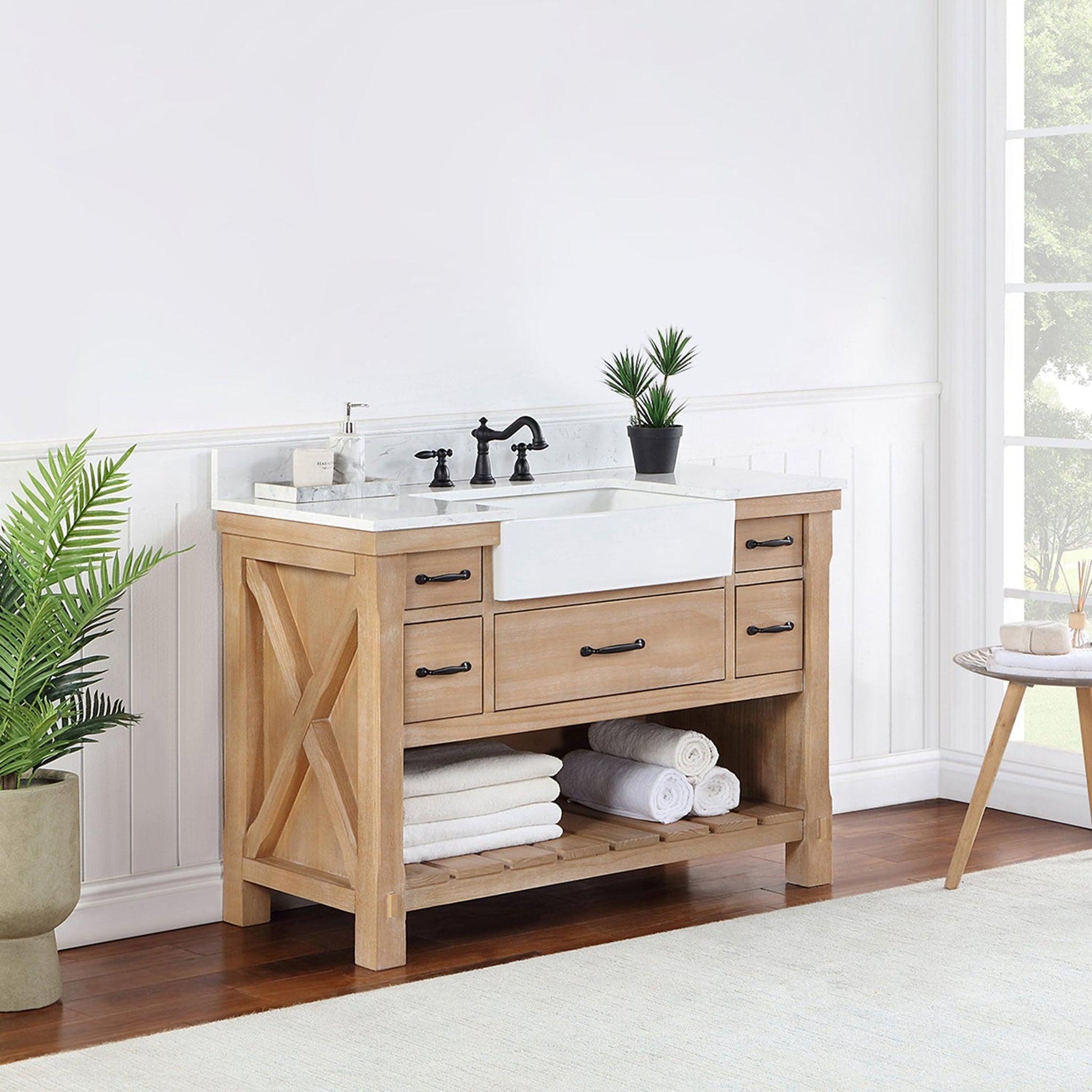 Vinnova Villareal 48" Single Bath Vanity In Weathered Pine With Composite Stone Top In White Finish And White Farmhouse Basin