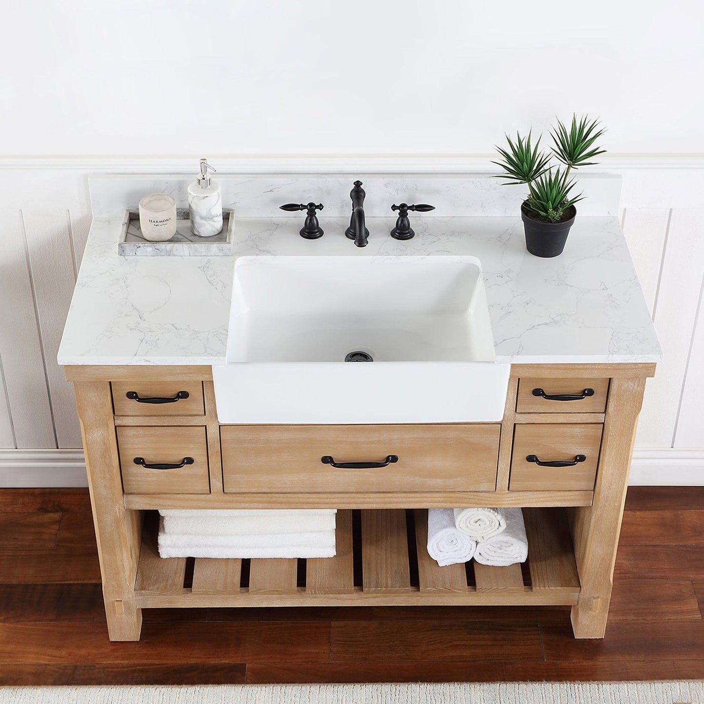 Vinnova Villareal 48" Single Bath Vanity In Weathered Pine With Composite Stone Top In White Finish And White Farmhouse Basin