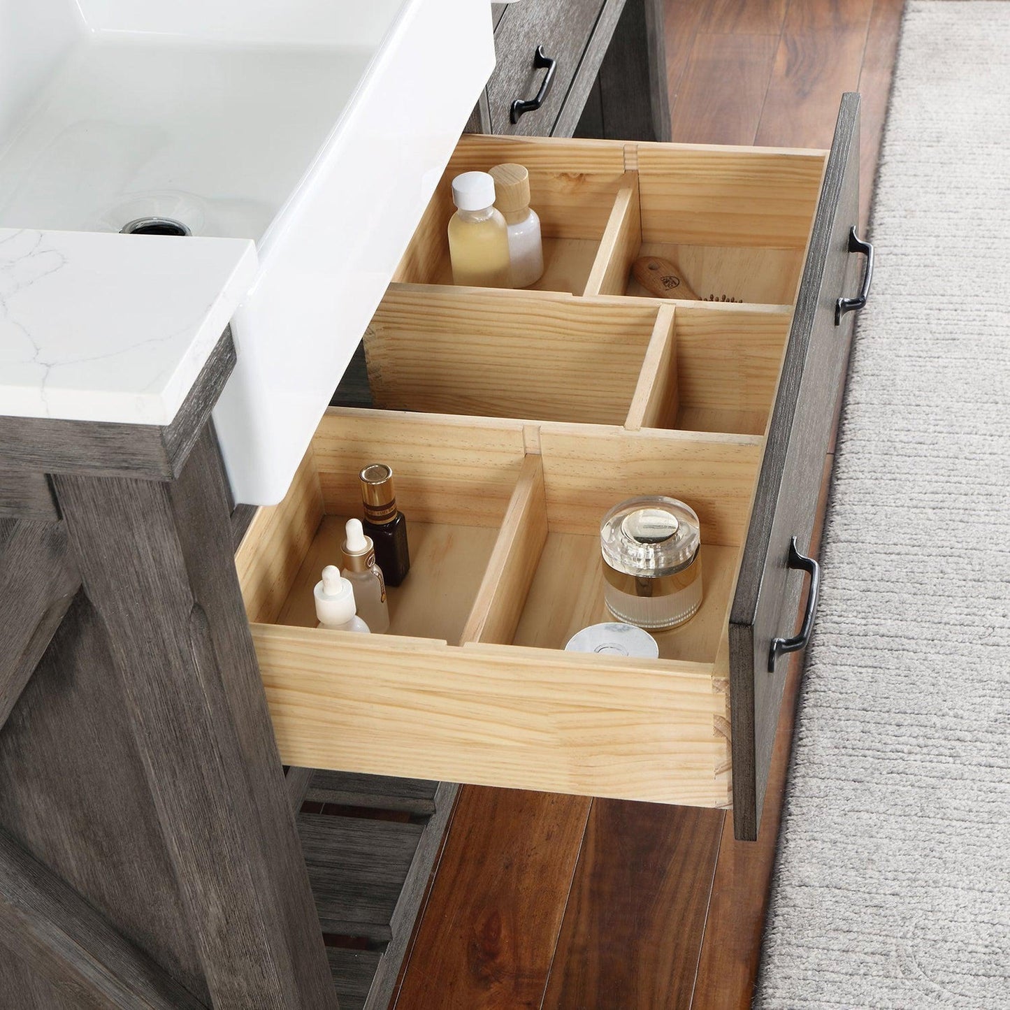 Vinnova Villareal 60" Double Bath Vanity In Classical Grey With Composite Stone Top In White Finish And White Farmhouse Basin