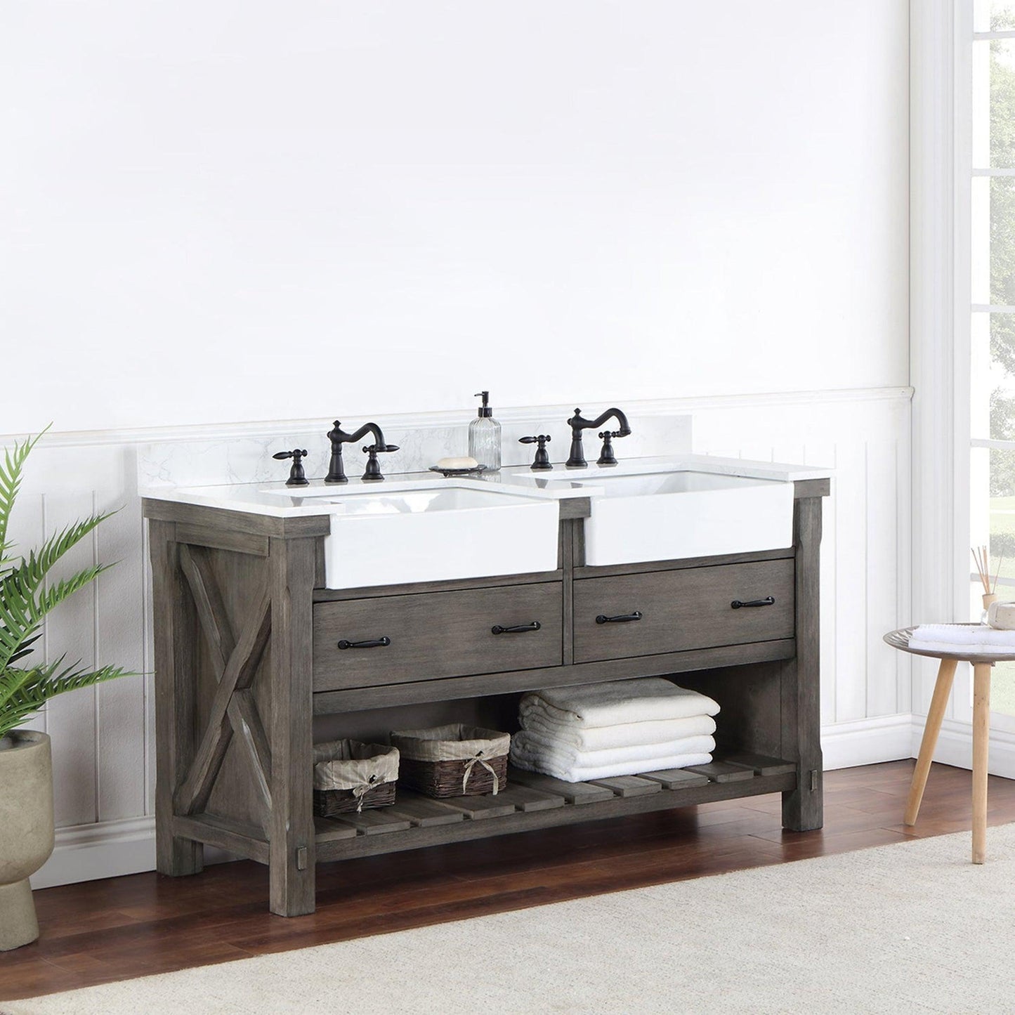 Vinnova Villareal 60" Double Bath Vanity In Classical Grey With Composite Stone Top In White Finish And White Farmhouse Basin