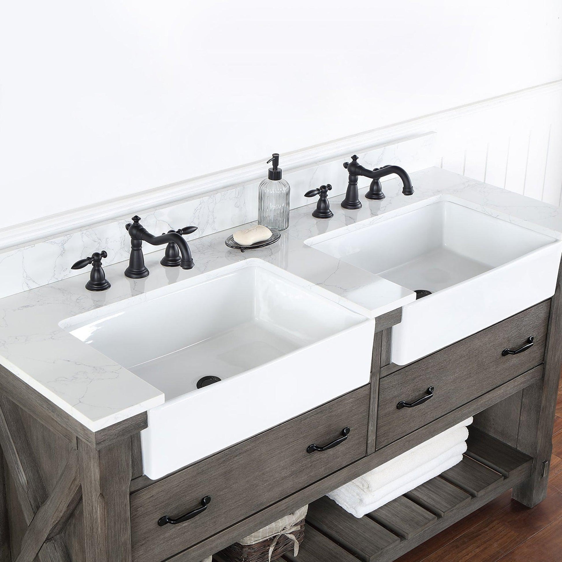 Vinnova Villareal 60" Double Bath Vanity In Classical Grey With Composite Stone Top In White Finish And White Farmhouse Basin