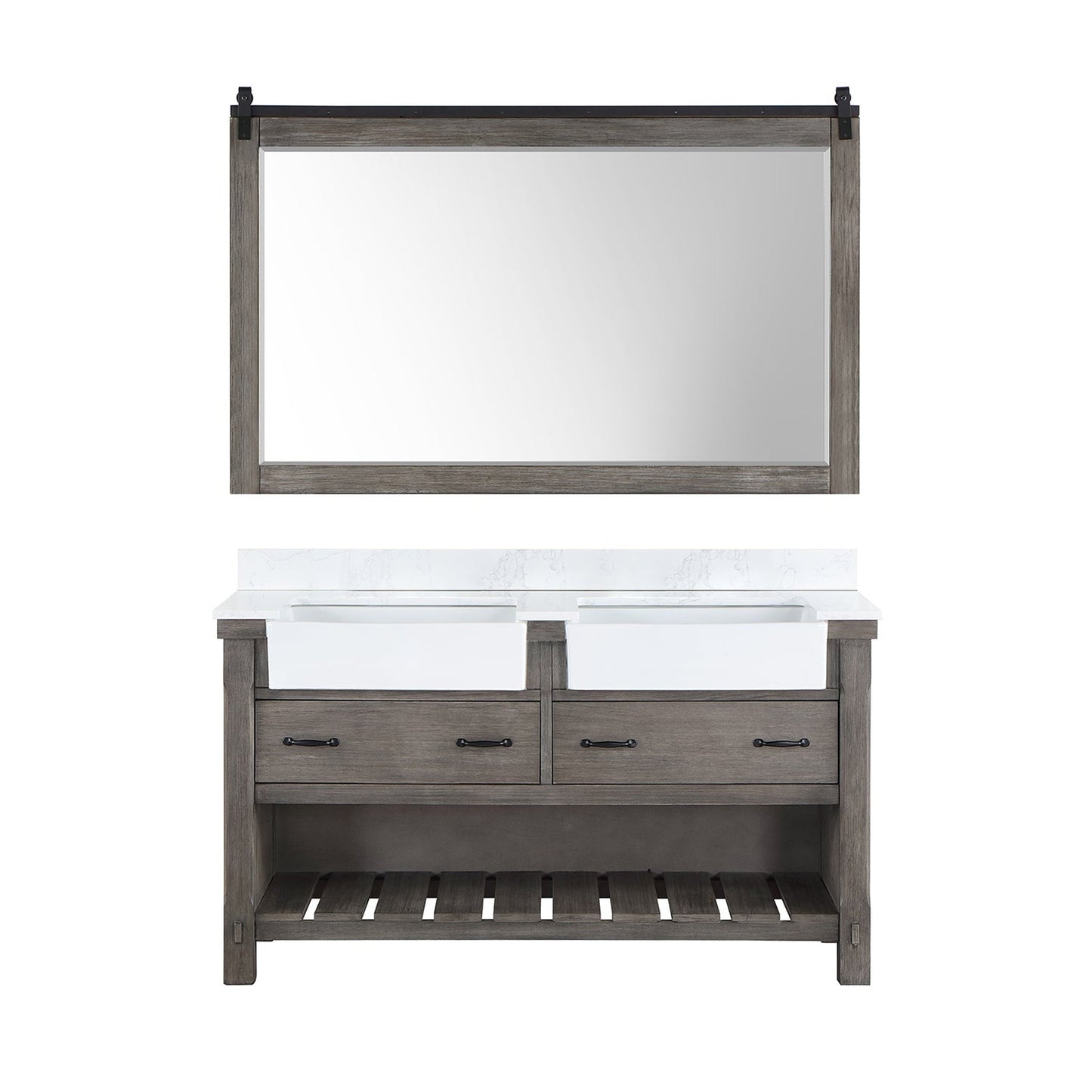 Vinnova Villareal 60" Double Bath Vanity In Classical Grey With Composite Stone Top In White Finish And White Farmhouse Basin And Mirror