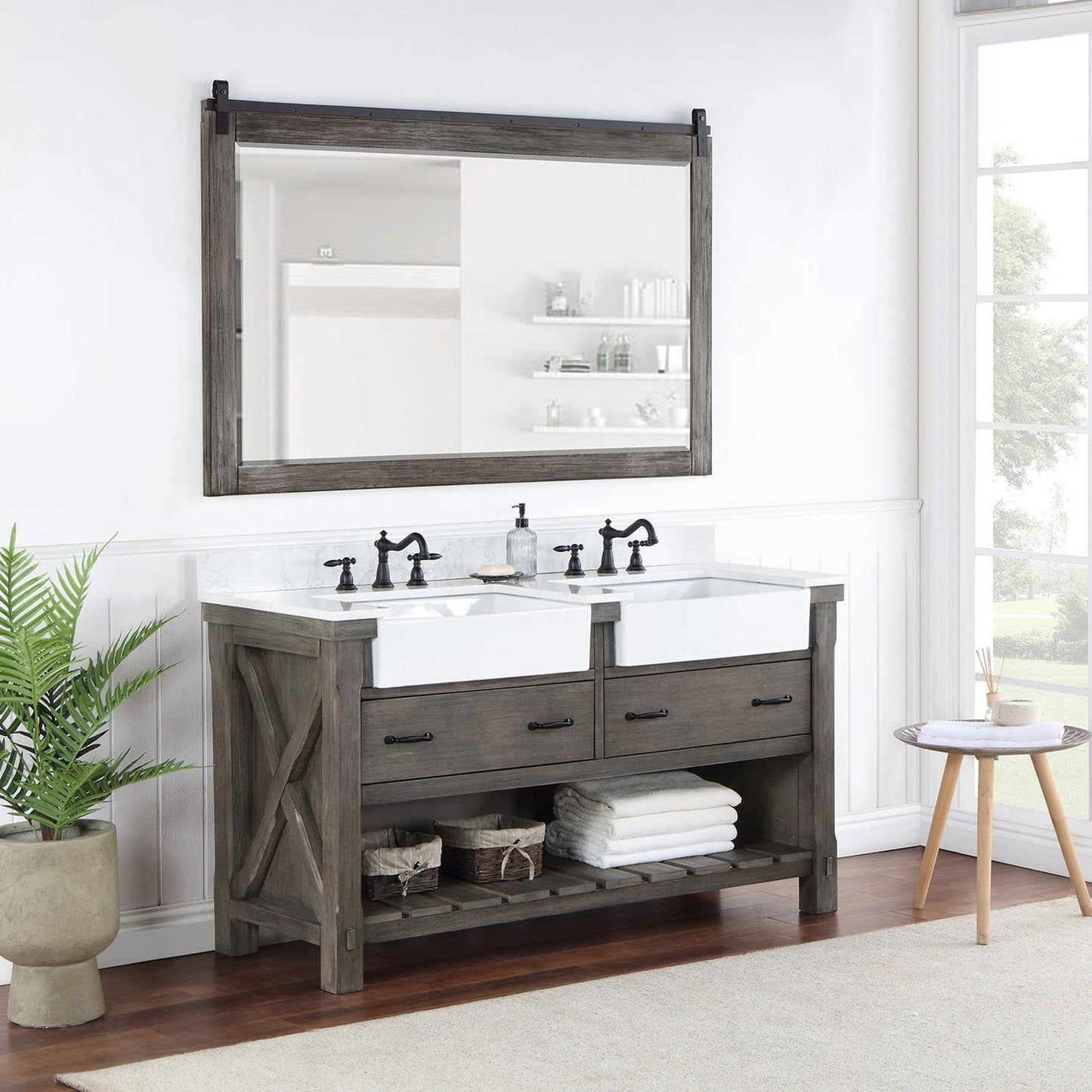 Vinnova Villareal 60" Double Bath Vanity In Classical Grey With Composite Stone Top In White Finish And White Farmhouse Basin And Mirror