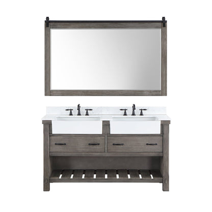 Vinnova Villareal 60" Double Bath Vanity In Classical Grey With Composite Stone Top In White Finish And White Farmhouse Basin And Mirror
