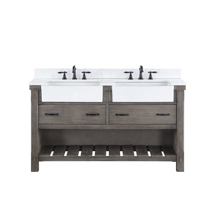 Vinnova Villareal 60" Double Bath Vanity In Classical Grey With Composite Stone Top In White Finish And White Farmhouse Basin