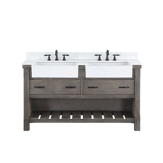 Vinnova Villareal 60" Double Bath Vanity In Classical Grey With Composite Stone Top In White Finish And White Farmhouse Basin