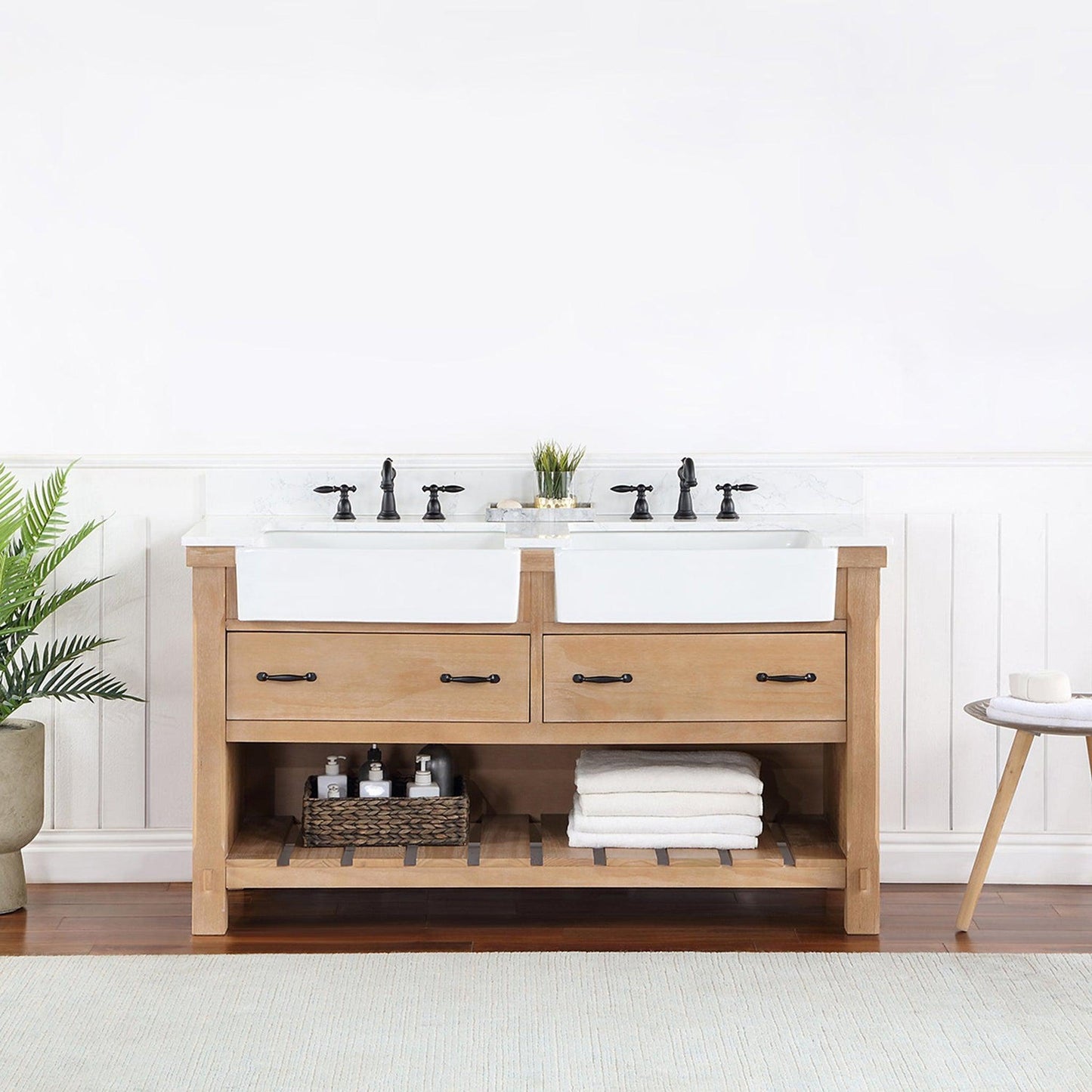 Vinnova Villareal 60" Double Bath Vanity In Weathered Pine With Composite Stone Top In White Finish And White Farmhouse Basin