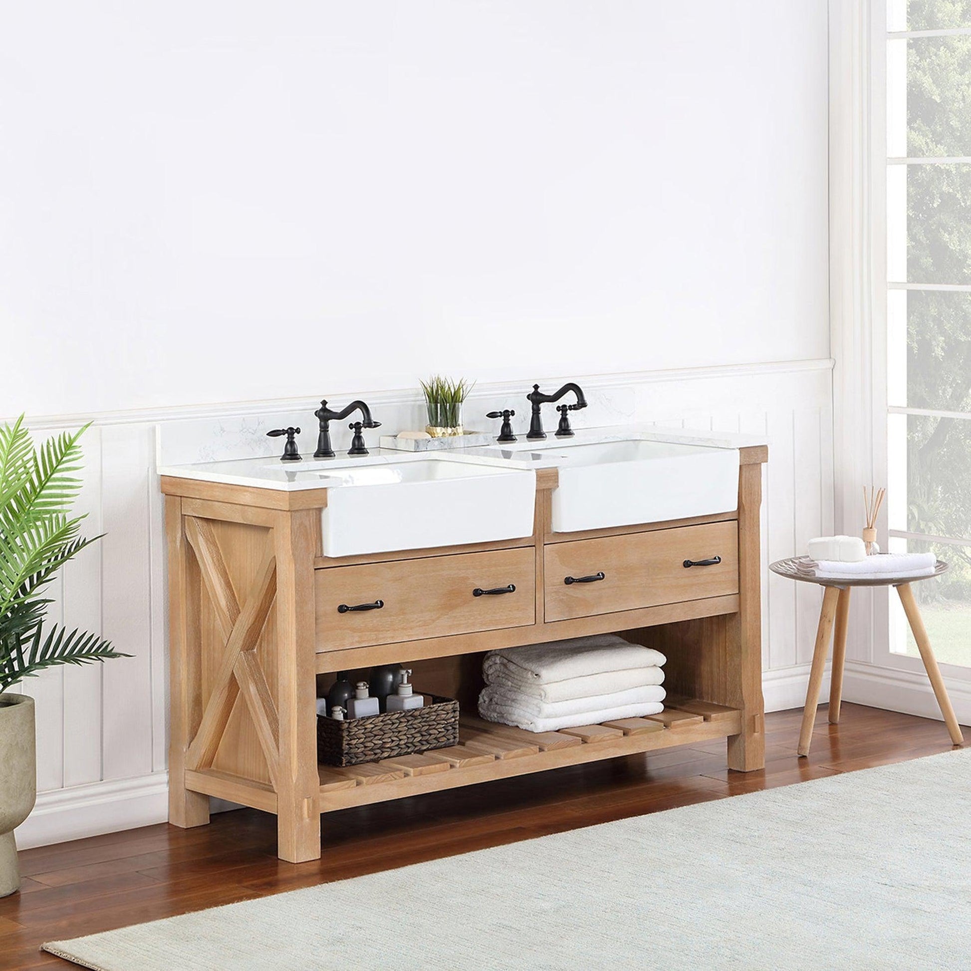 Vinnova Villareal 60" Double Bath Vanity In Weathered Pine With Composite Stone Top In White Finish And White Farmhouse Basin