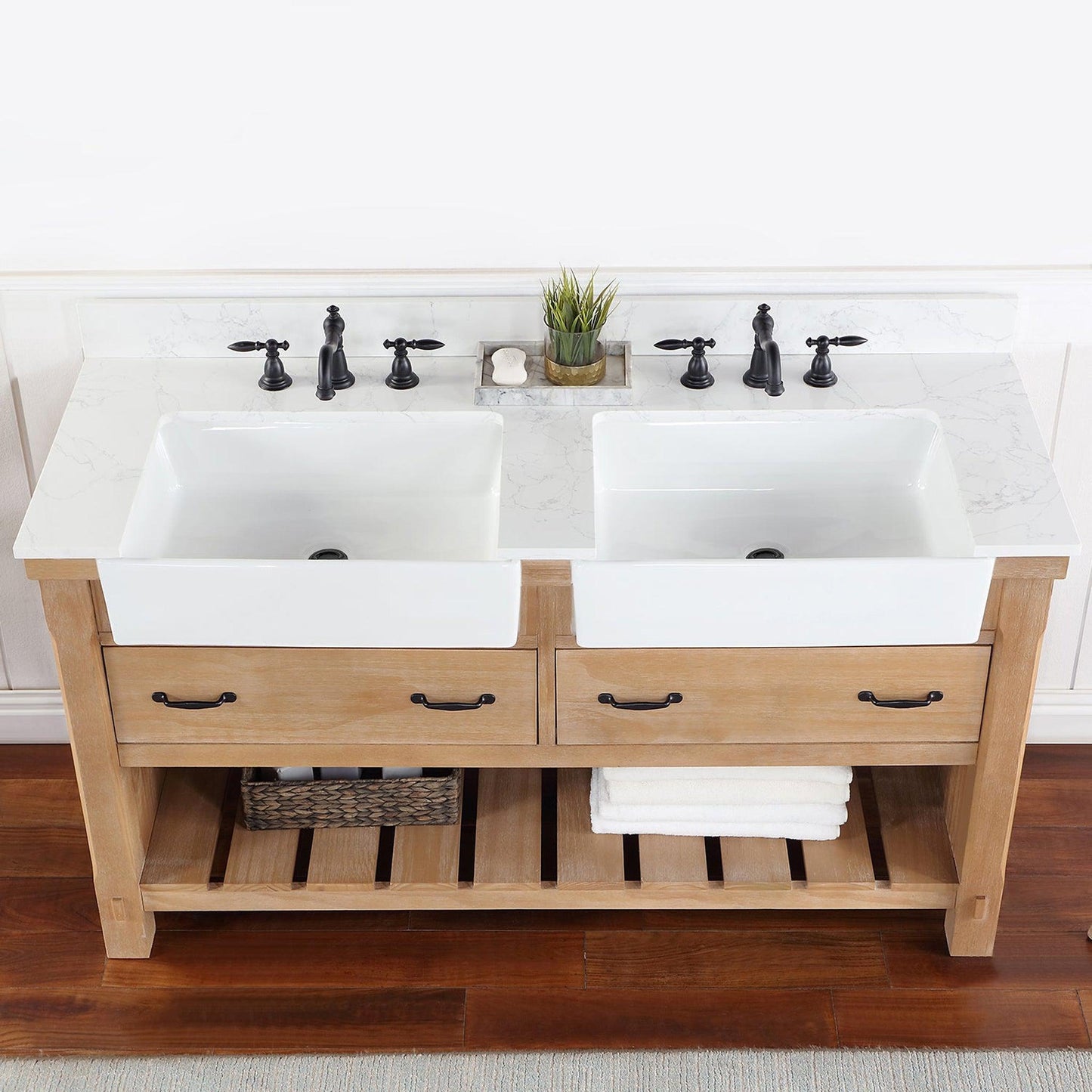 Vinnova Villareal 60" Double Bath Vanity In Weathered Pine With Composite Stone Top In White Finish And White Farmhouse Basin