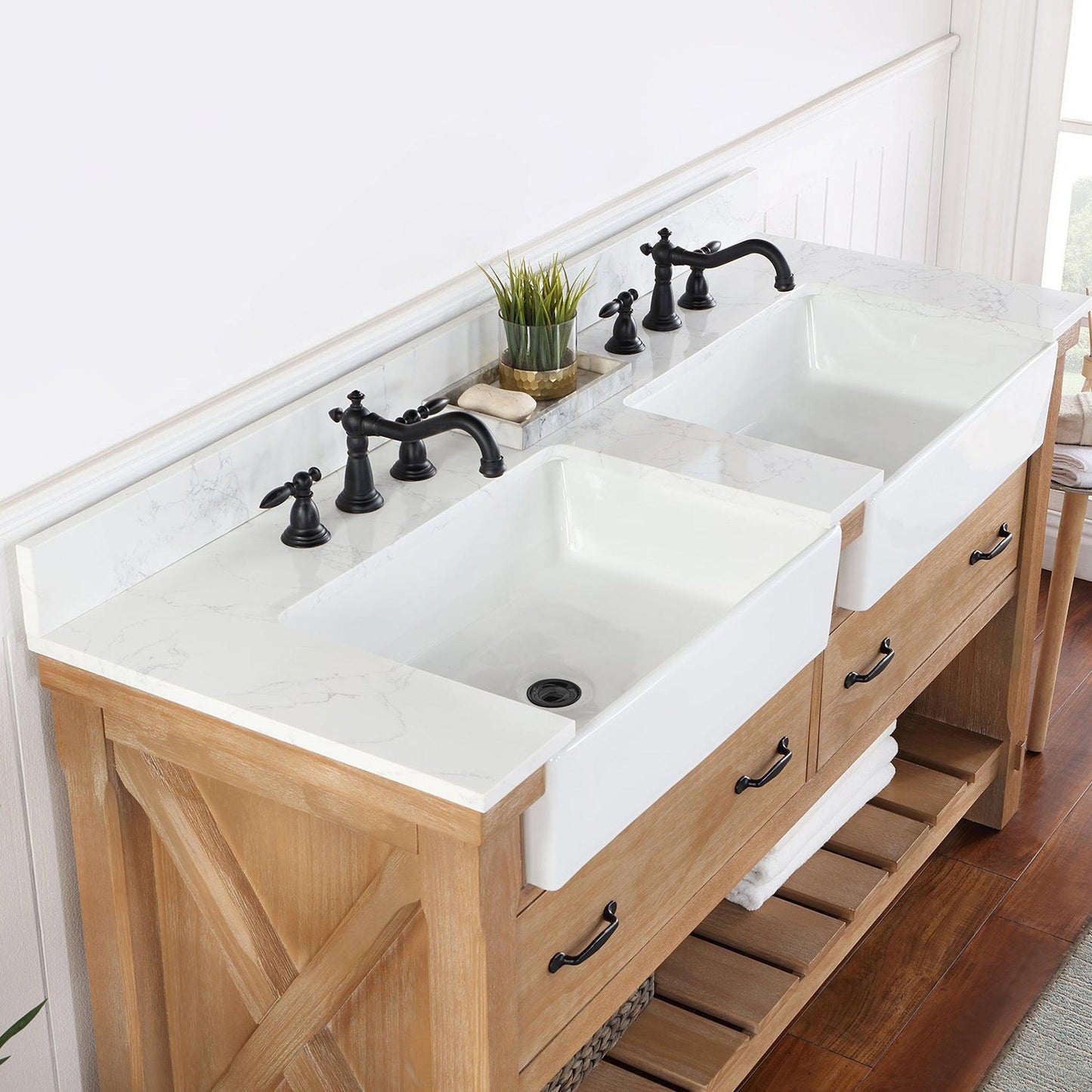 Vinnova Villareal 60" Double Bath Vanity In Weathered Pine With Composite Stone Top In White Finish And White Farmhouse Basin