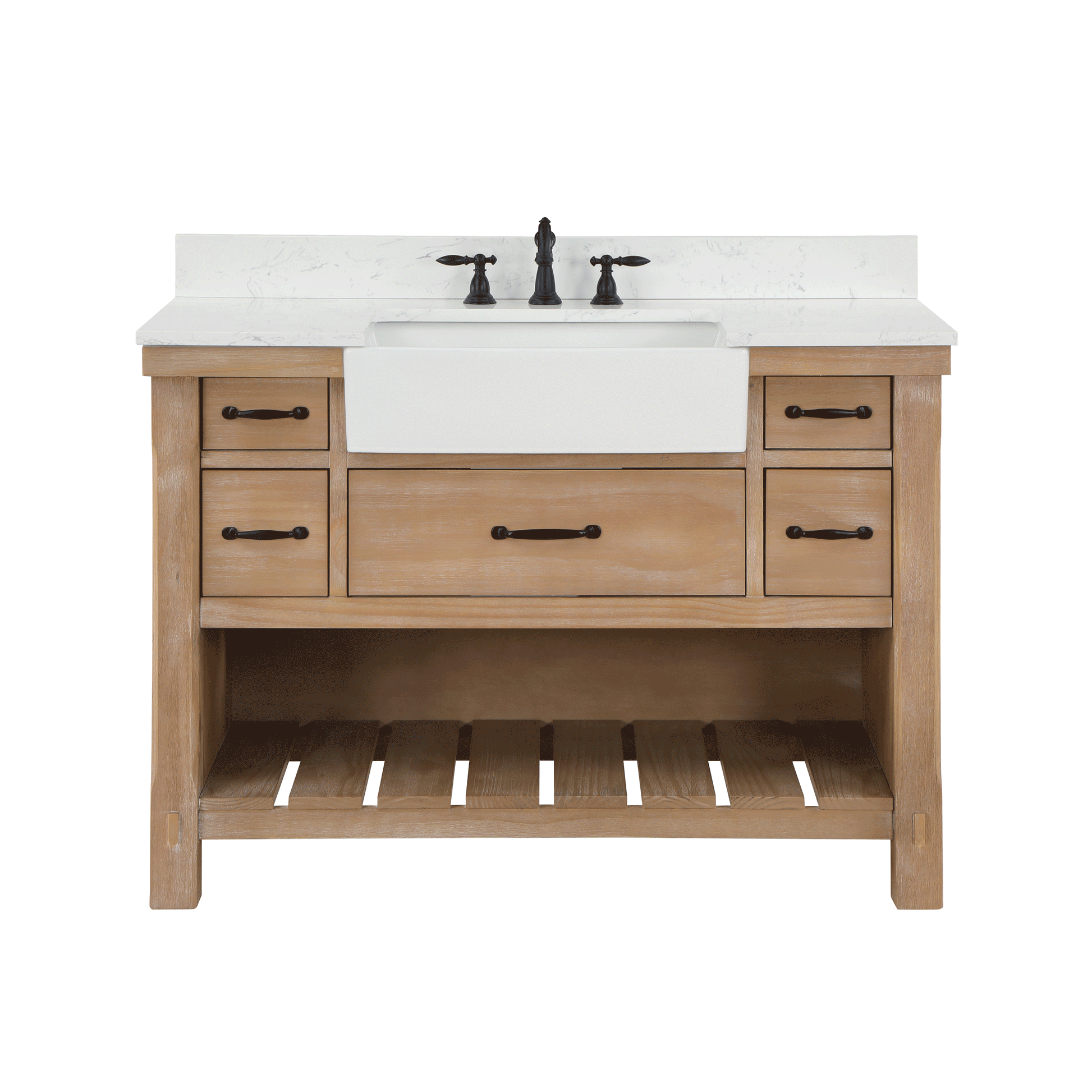 Vinnova Villareal 60" Double Bath Vanity In Weathered Pine With Composite Stone Top In White Finish And White Farmhouse Basin And Mirror