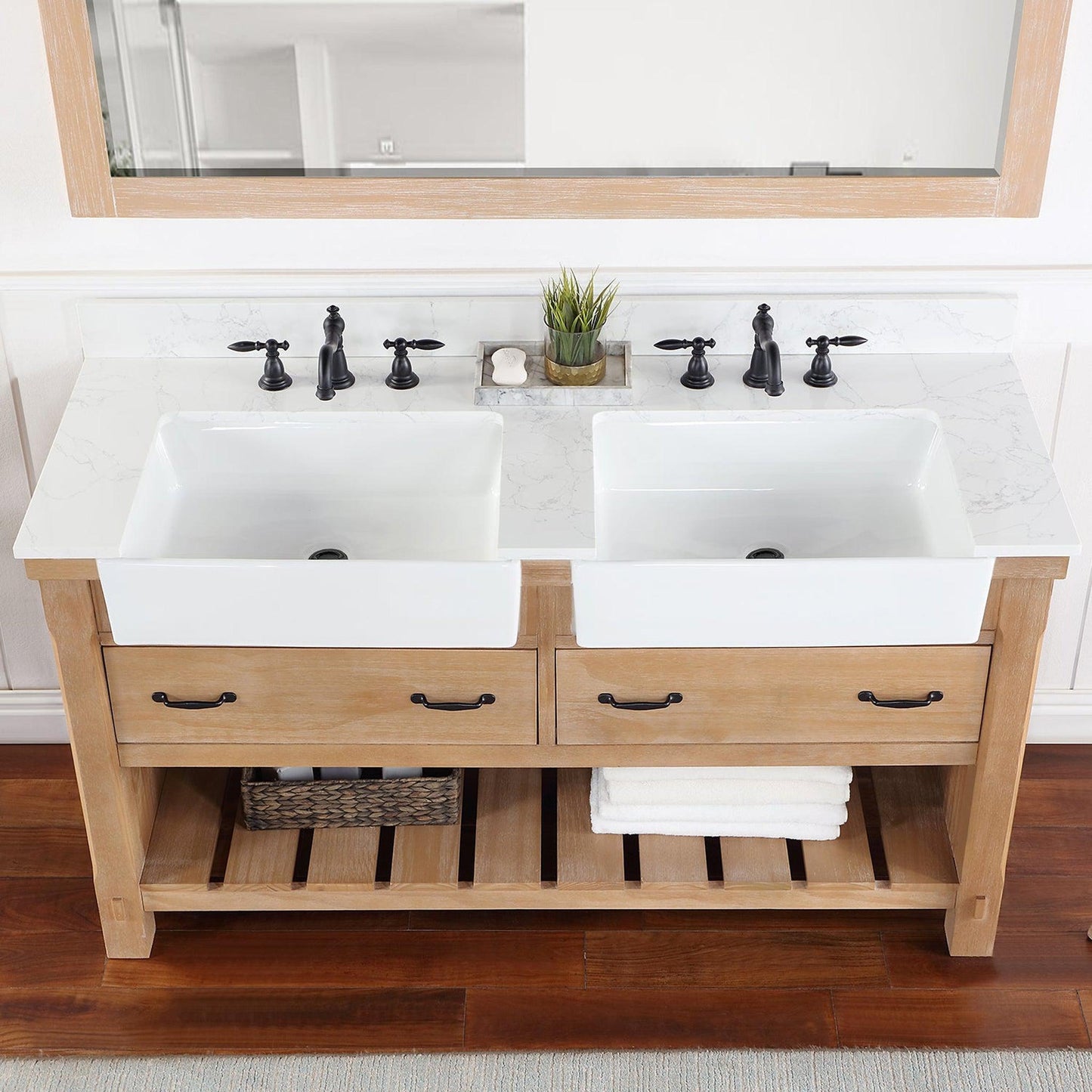 Vinnova Villareal 60" Double Bath Vanity In Weathered Pine With Composite Stone Top In White Finish And White Farmhouse Basin And Mirror