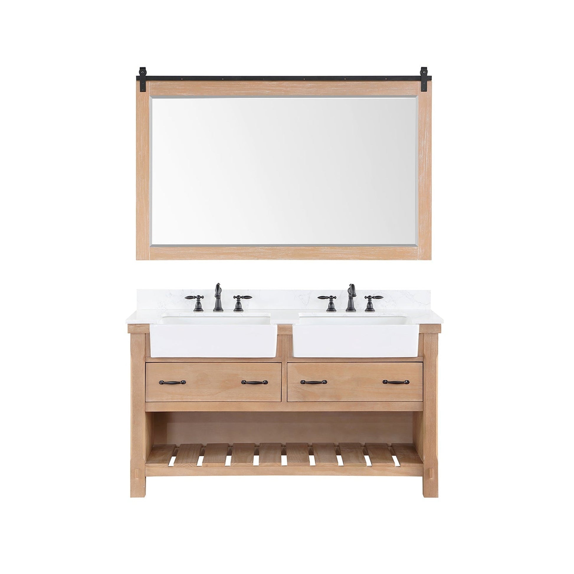 Vinnova Villareal 60" Double Bath Vanity In Weathered Pine With Composite Stone Top In White Finish And White Farmhouse Basin And Mirror