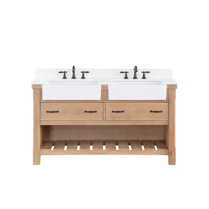 Vinnova Villareal 60" Double Bath Vanity In Weathered Pine With Composite Stone Top In White Finish And White Farmhouse Basin