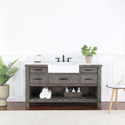 Vinnova Villareal 60" Single Bath Vanity In Classical Grey With Composite Stone Top In White Finish And White Farmhouse Basin