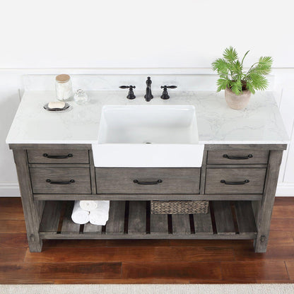 Vinnova Villareal 60" Single Bath Vanity In Classical Grey With Composite Stone Top In White Finish And White Farmhouse Basin