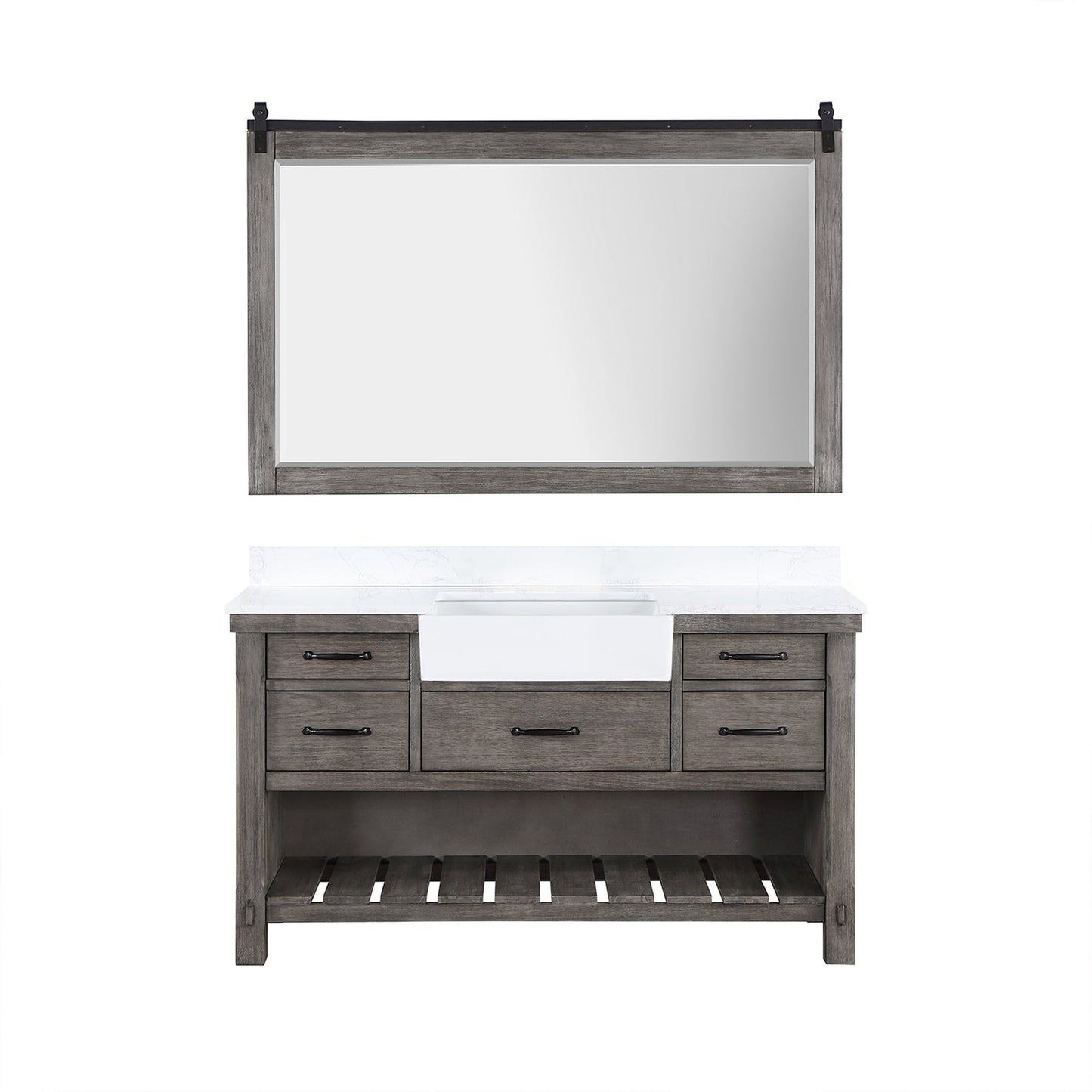 Vinnova Villareal 60" Single Bath Vanity In Classical Grey With Composite Stone Top In White Finish And White Farmhouse Basin And Mirror