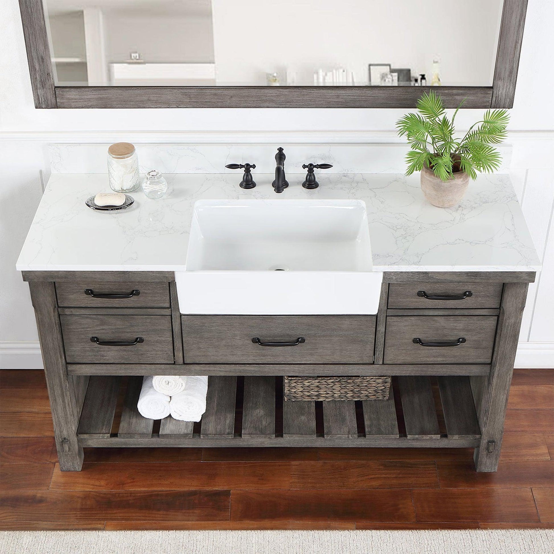 Vinnova Villareal 60" Single Bath Vanity In Classical Grey With Composite Stone Top In White Finish And White Farmhouse Basin And Mirror