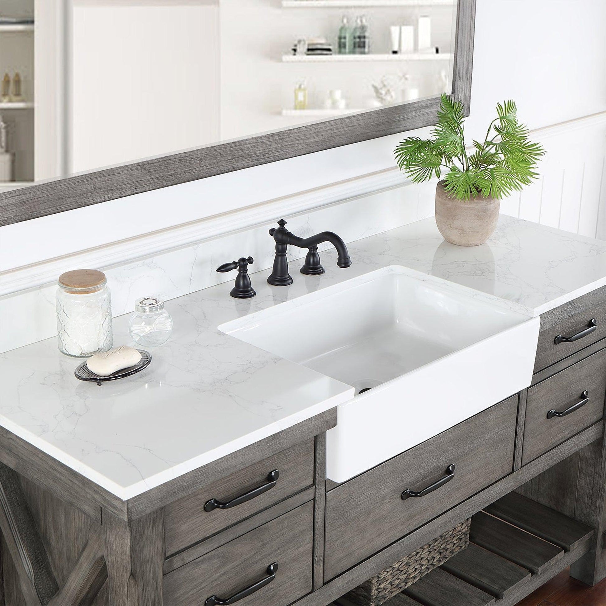 Vinnova Villareal 60" Single Bath Vanity In Classical Grey With Composite Stone Top In White Finish And White Farmhouse Basin And Mirror