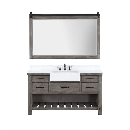 Vinnova Villareal 60" Single Bath Vanity In Classical Grey With Composite Stone Top In White Finish And White Farmhouse Basin And Mirror