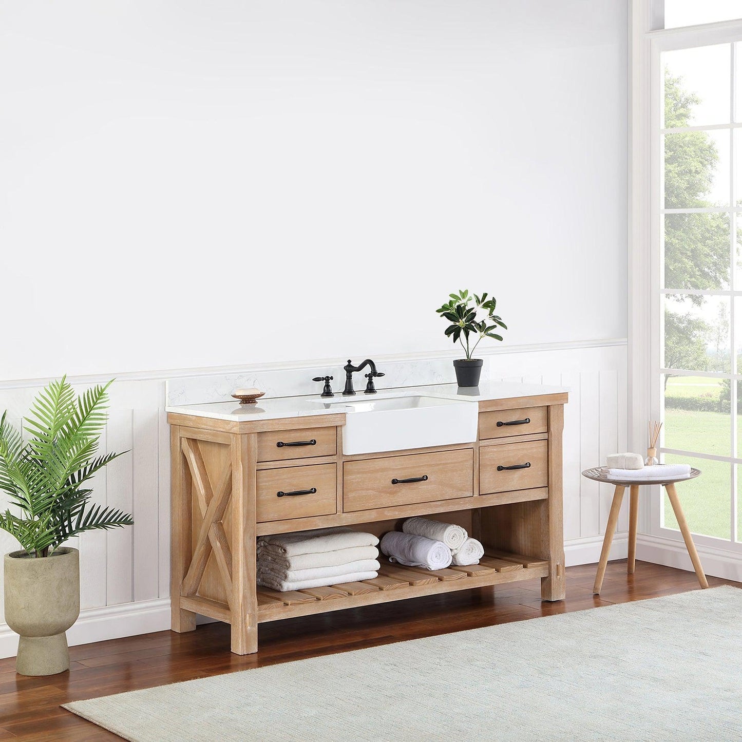 Vinnova Villareal 60" Single Bath Vanity In Weathered Pine With Composite Stone Top In White Finish And White Farmhouse Basin