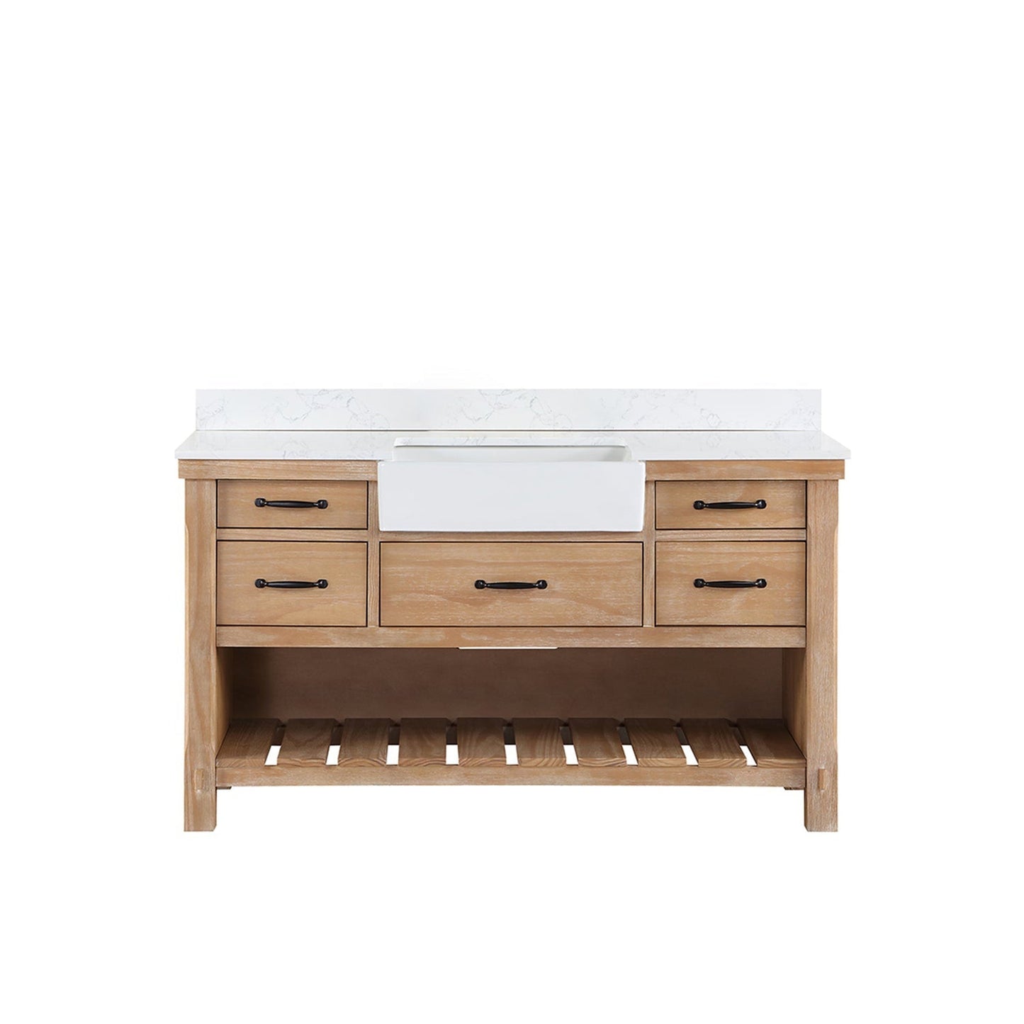 Vinnova Villareal 60" Single Bath Vanity In Weathered Pine With Composite Stone Top In White Finish And White Farmhouse Basin