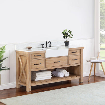 Vinnova Villareal 60" Single Bath Vanity In Weathered Pine With Composite Stone Top In White Finish And White Farmhouse Basin