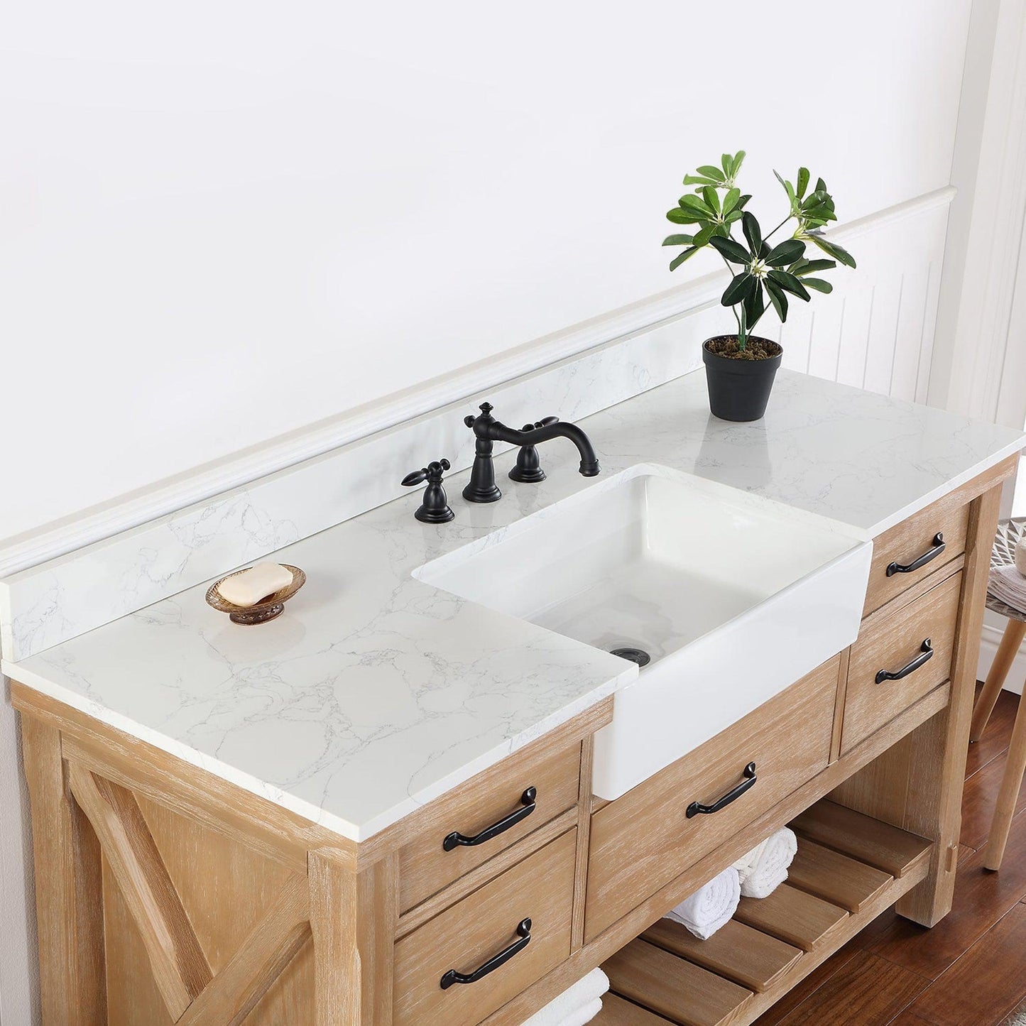 Vinnova Villareal 60" Single Bath Vanity In Weathered Pine With Composite Stone Top In White Finish And White Farmhouse Basin