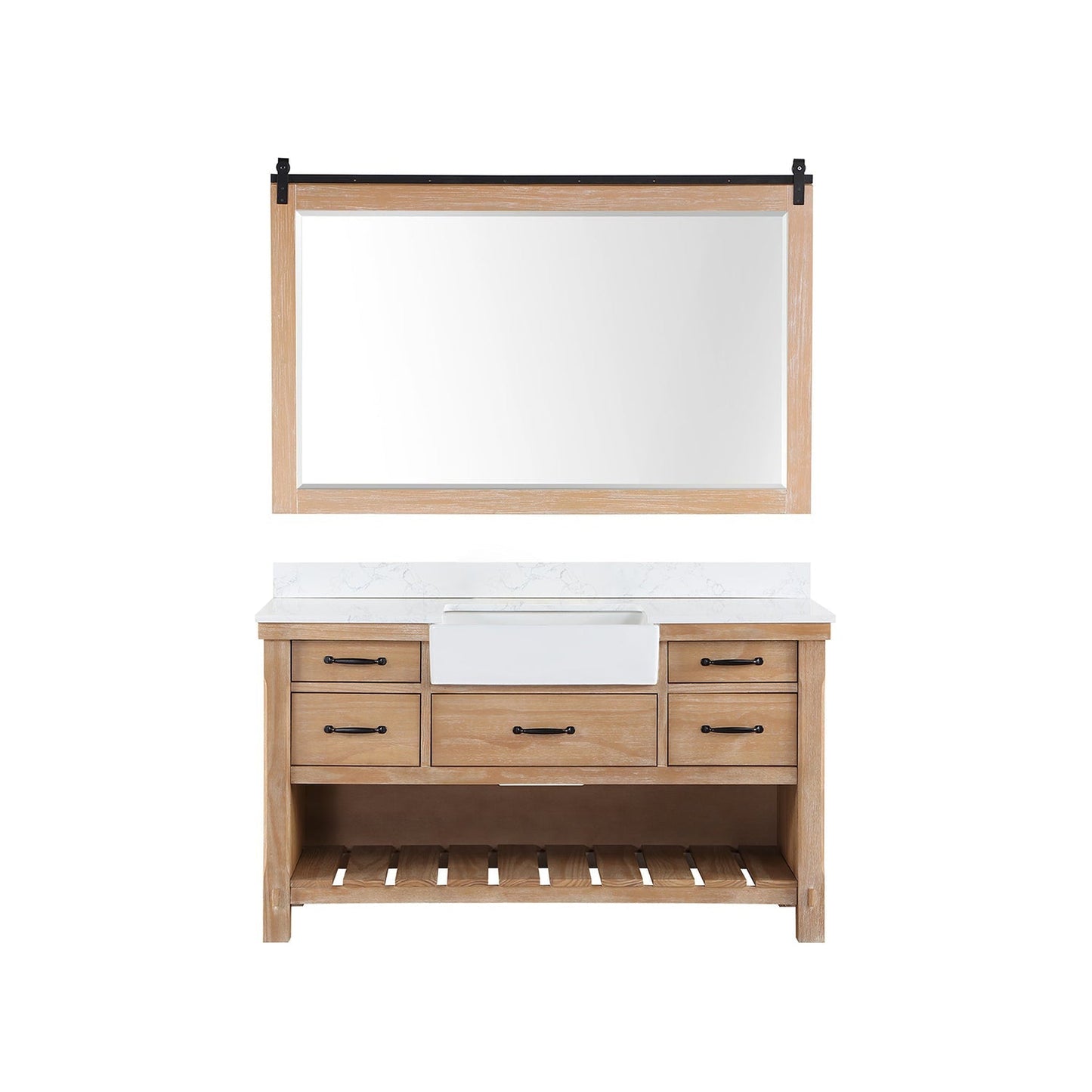 Vinnova Villareal 60" Single Bath Vanity In Weathered Pine With Composite Stone Top In White Finish And White Farmhouse Basin And Mirror