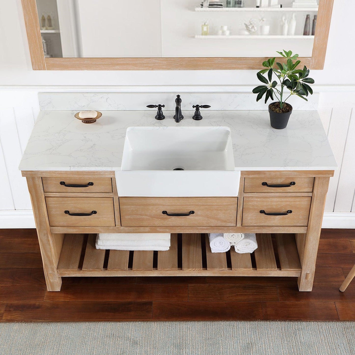 Vinnova Villareal 60" Single Bath Vanity In Weathered Pine With Composite Stone Top In White Finish And White Farmhouse Basin And Mirror