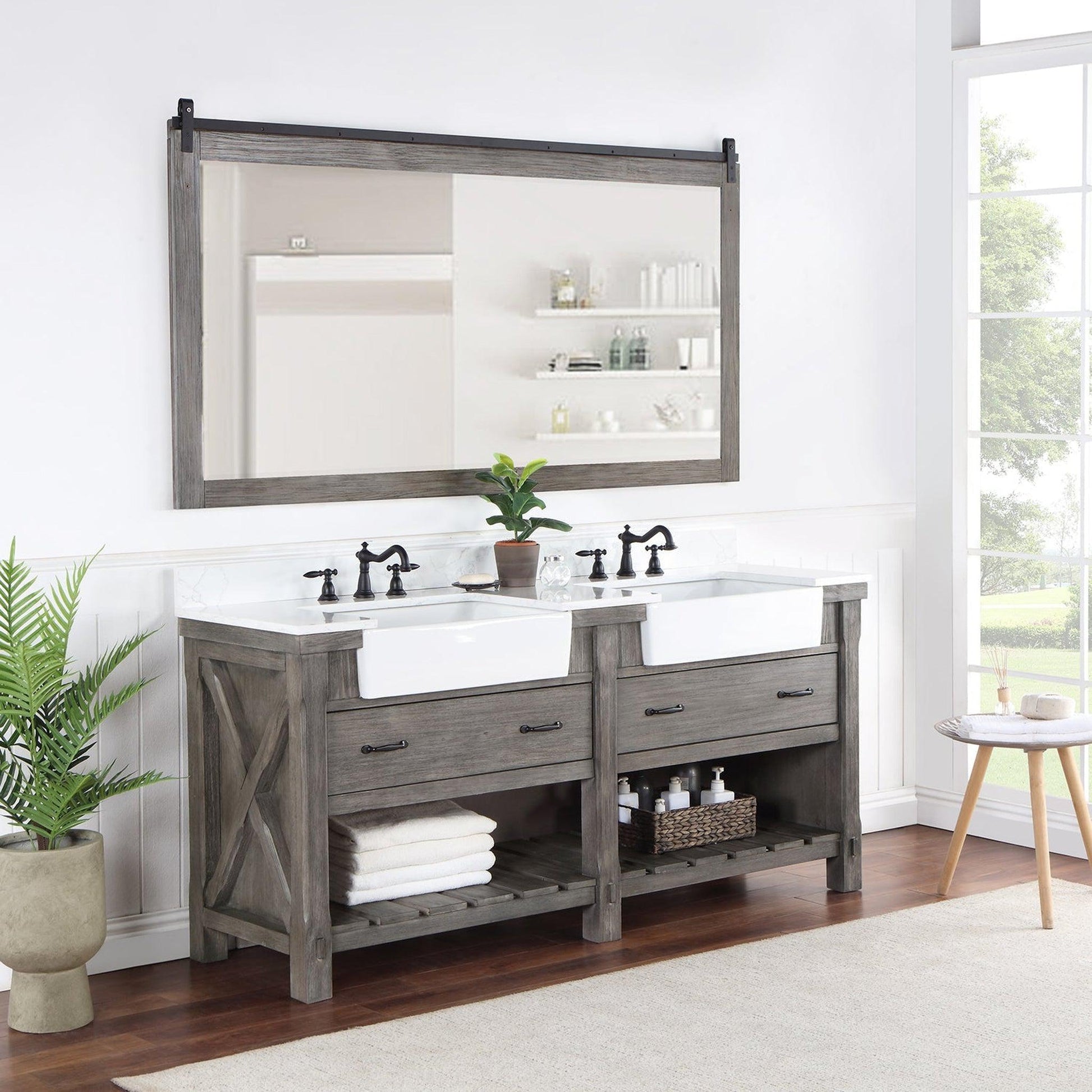 Vinnova Villareal 72" Double Bath Vanity In Classical Grey With Composite Stone Top In White Finish And White Farmhouse Basin And Mirror