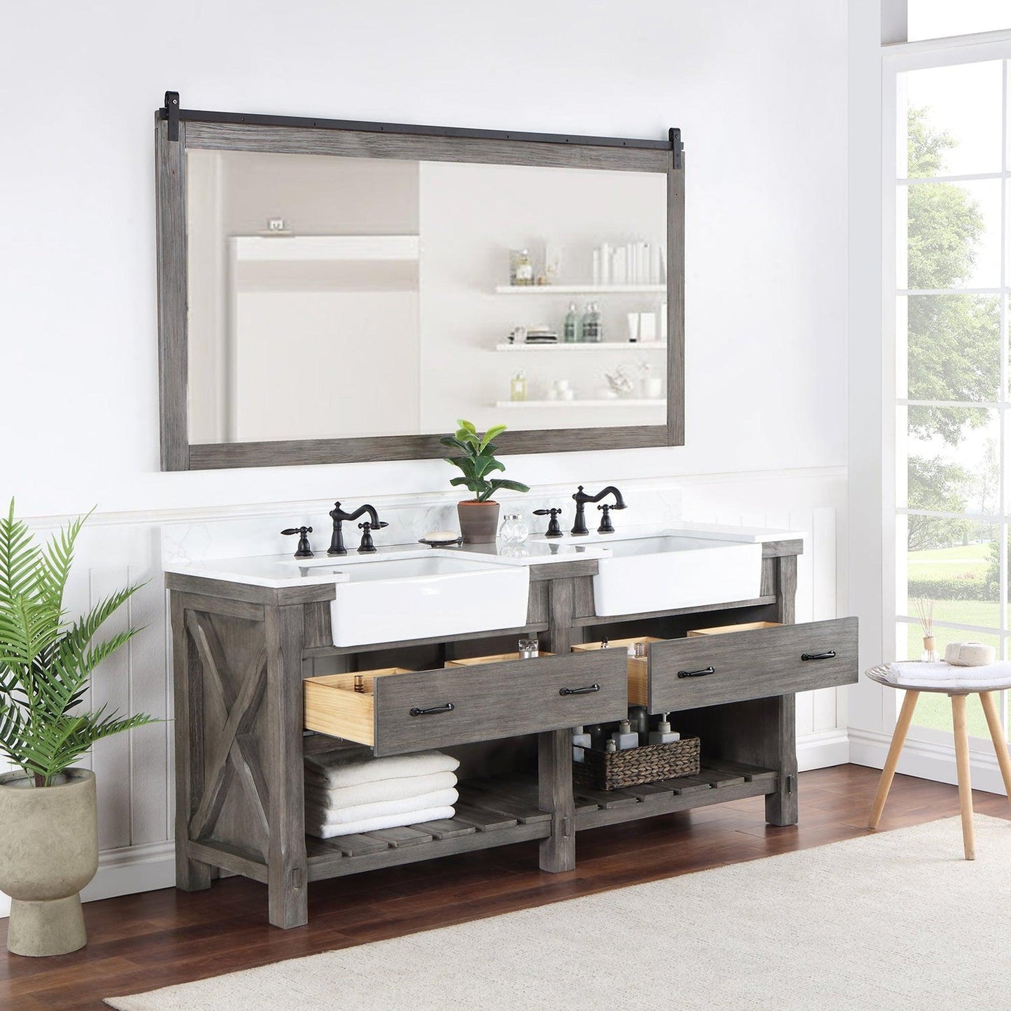 Vinnova Villareal 72" Double Bath Vanity In Classical Grey With Composite Stone Top In White Finish And White Farmhouse Basin And Mirror