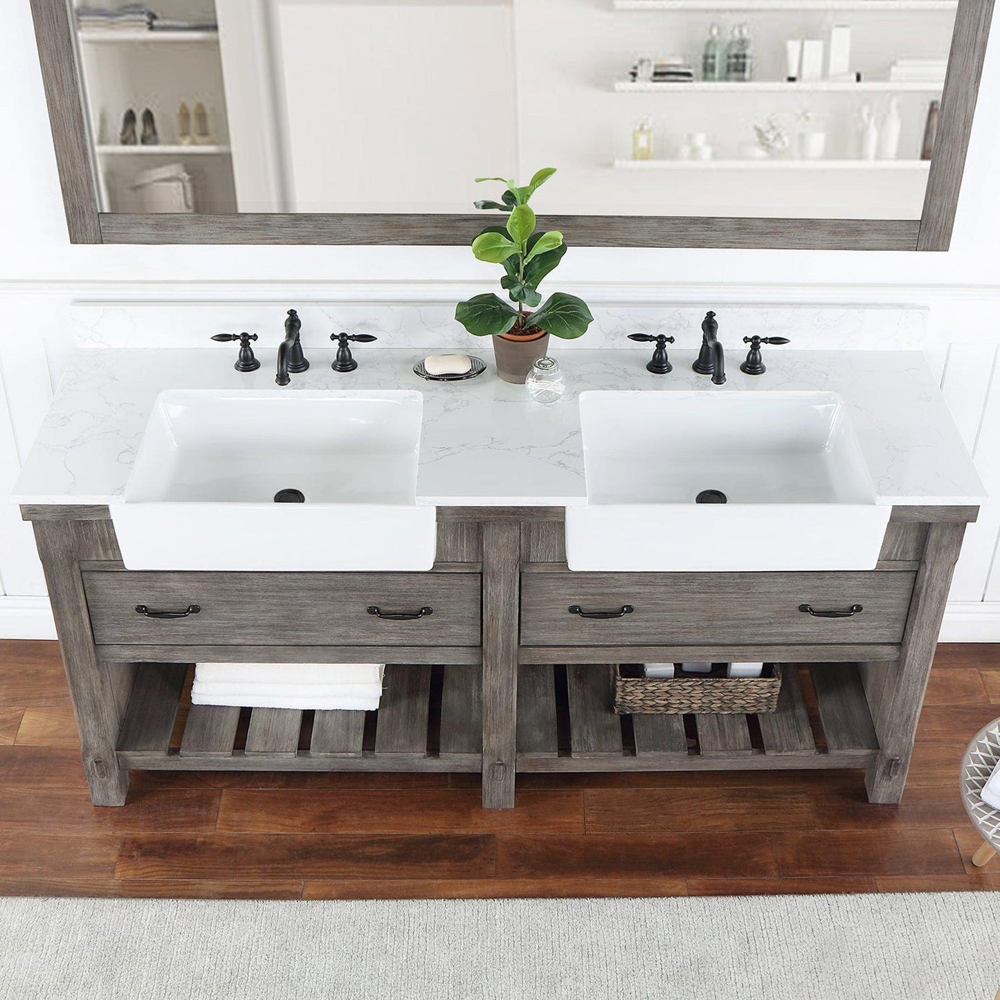 Vinnova Villareal 72" Double Bath Vanity In Classical Grey With Composite Stone Top In White Finish And White Farmhouse Basin And Mirror