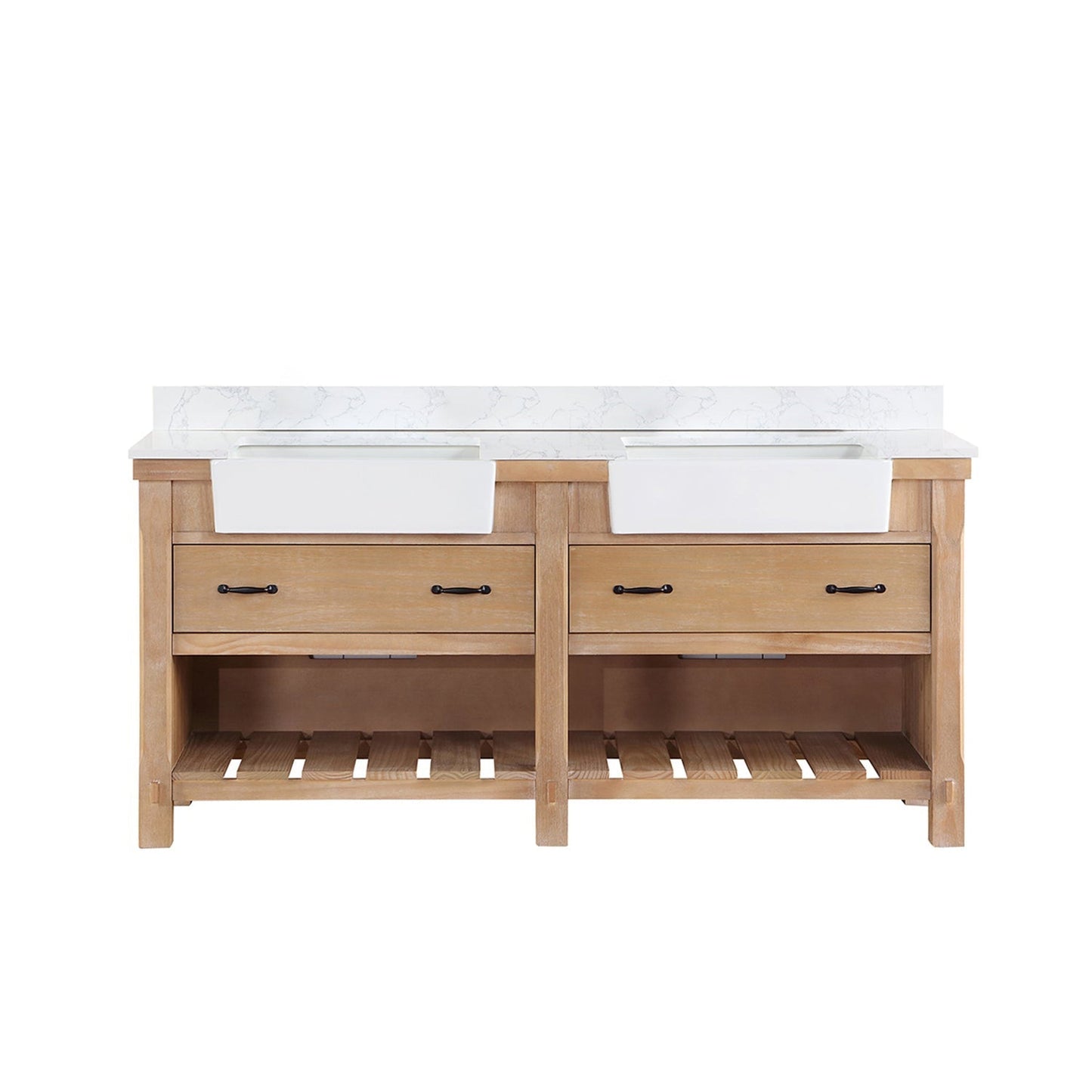 Vinnova Villareal 72" Double Bath Vanity In Weathered Pine With Composite Stone Top In White Finish And White Farmhouse Basin