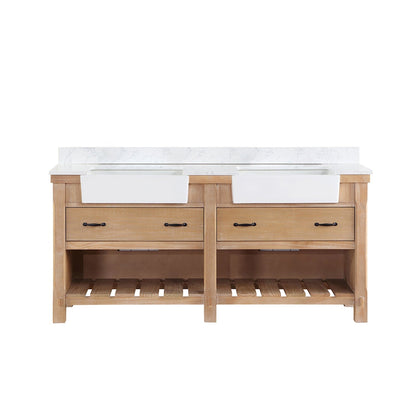 Vinnova Villareal 72" Double Bath Vanity In Weathered Pine With Composite Stone Top In White Finish And White Farmhouse Basin