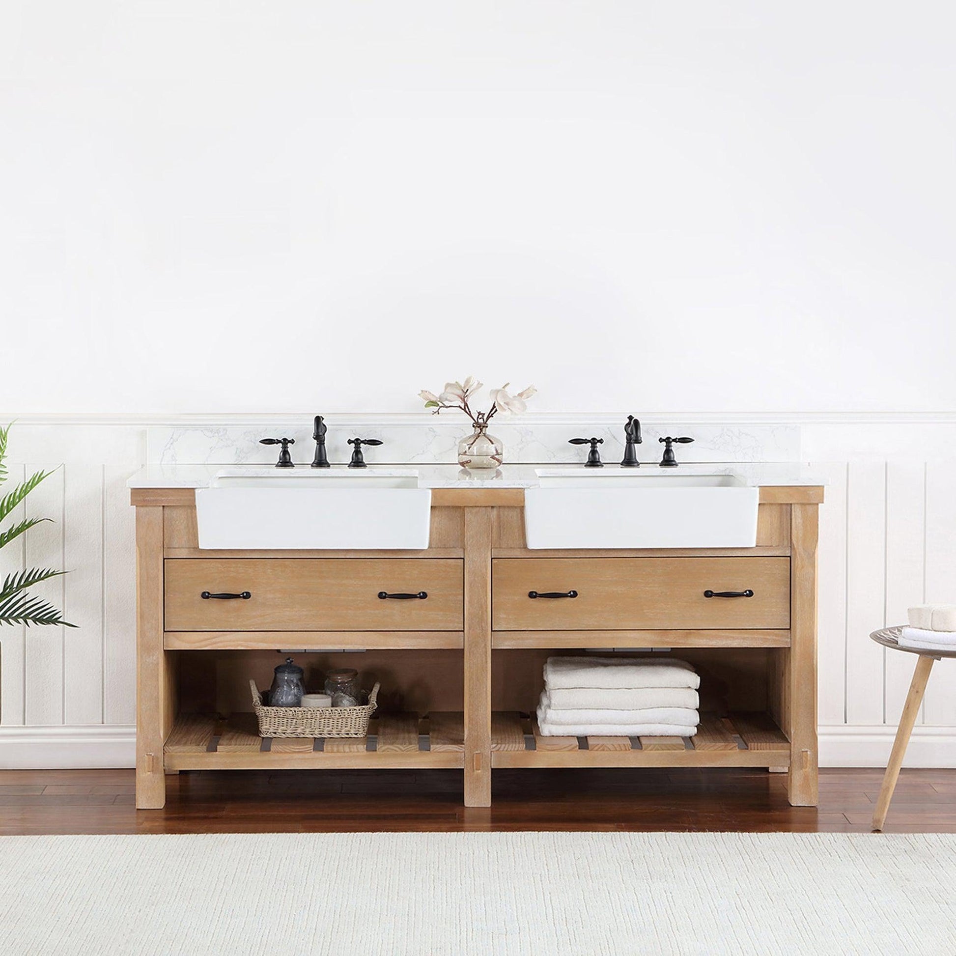 Vinnova Villareal 72" Double Bath Vanity In Weathered Pine With Composite Stone Top In White Finish And White Farmhouse Basin