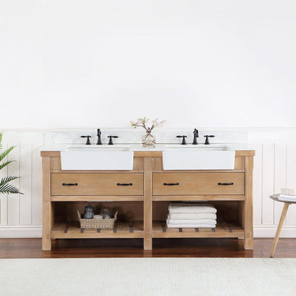 Vinnova Villareal 72" Double Bath Vanity In Weathered Pine With Composite Stone Top In White Finish And White Farmhouse Basin