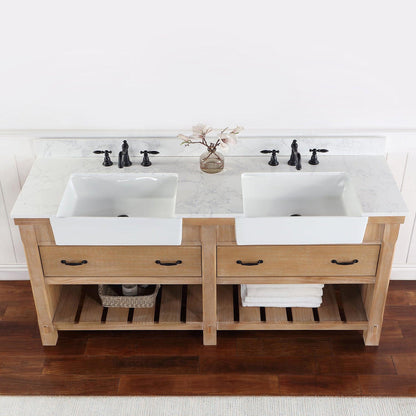 Vinnova Villareal 72" Double Bath Vanity In Weathered Pine With Composite Stone Top In White Finish And White Farmhouse Basin