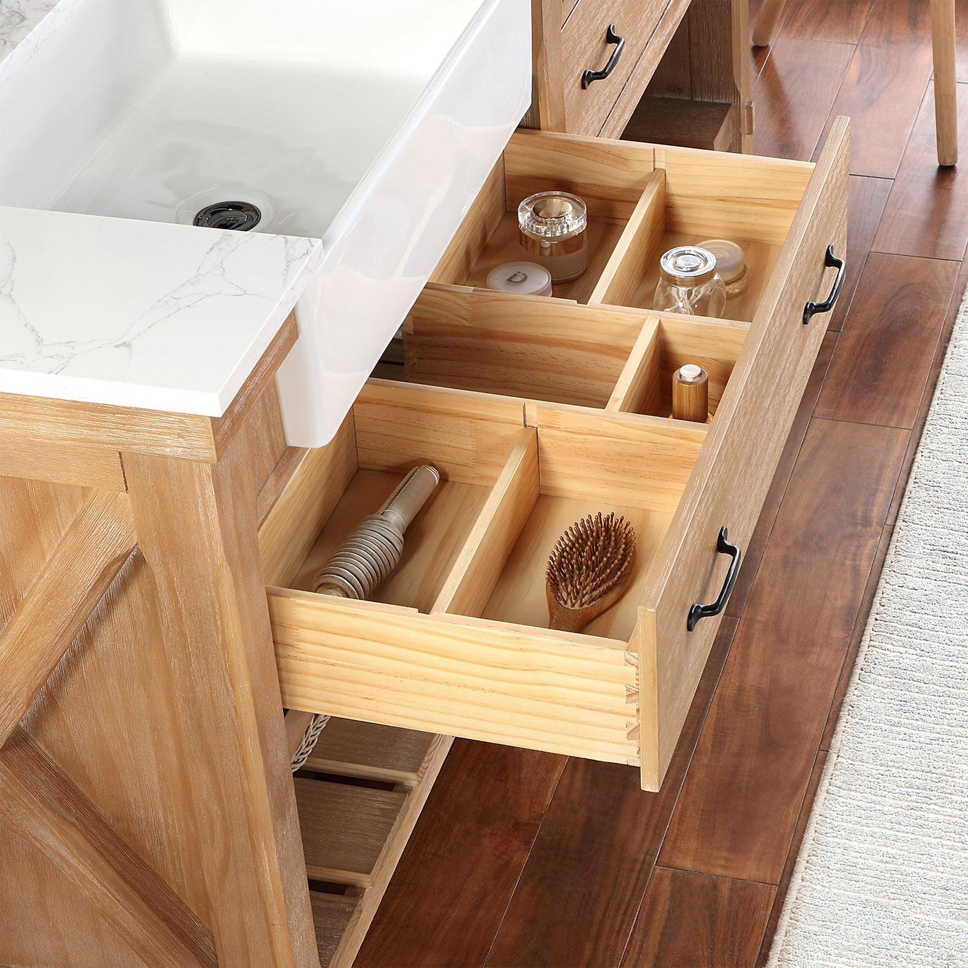 Vinnova Villareal 72" Double Bath Vanity In Weathered Pine With Composite Stone Top In White Finish And White Farmhouse Basin And Mirror