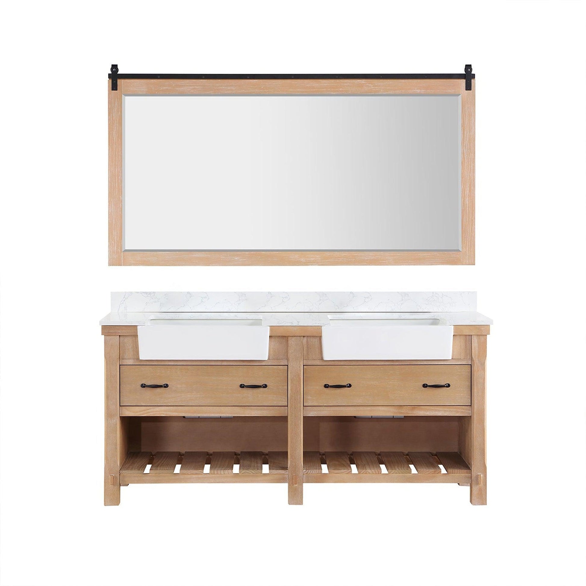 Vinnova Villareal 72" Double Bath Vanity In Weathered Pine With Composite Stone Top In White Finish And White Farmhouse Basin And Mirror