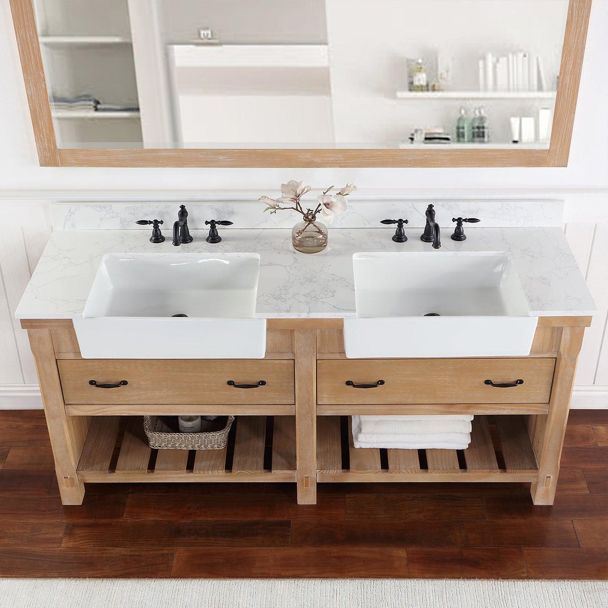 Vinnova Villareal 72" Double Bath Vanity In Weathered Pine With Composite Stone Top In White Finish And White Farmhouse Basin And Mirror