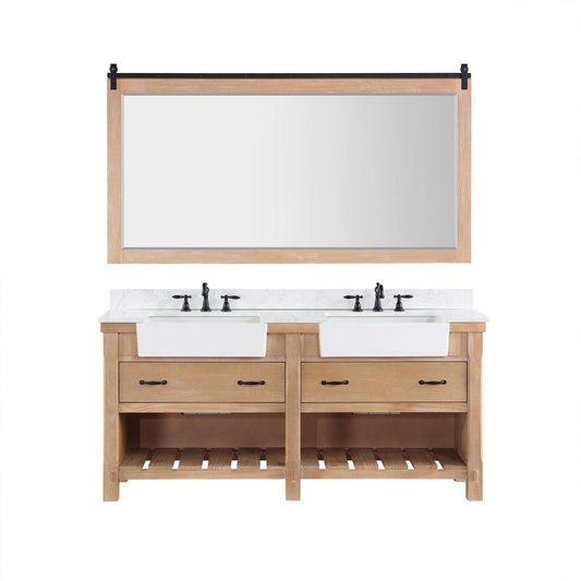 Vinnova Villareal 72" Double Bath Vanity In Weathered Pine With Composite Stone Top In White Finish And White Farmhouse Basin And Mirror