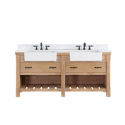 Vinnova Villareal 72" Double Bath Vanity In Weathered Pine With Composite Stone Top In White Finish And White Farmhouse Basin