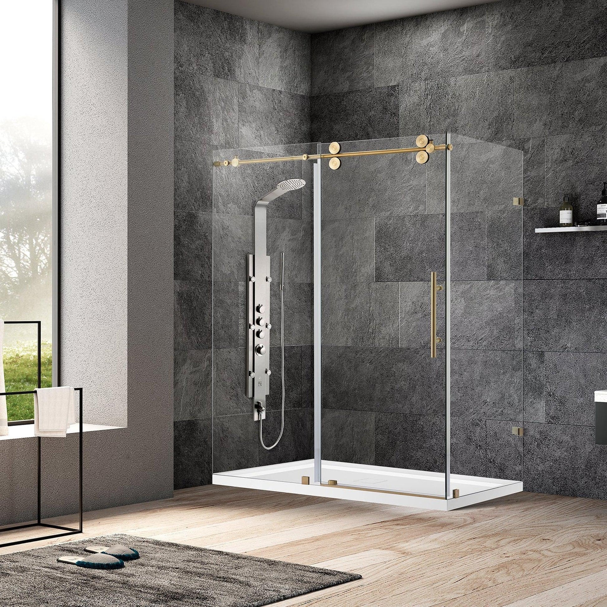 Vinnova Villena 56" x 78" Rectangle Single Sliding Frameless Shower Enclosure in Brushed Gold Finish