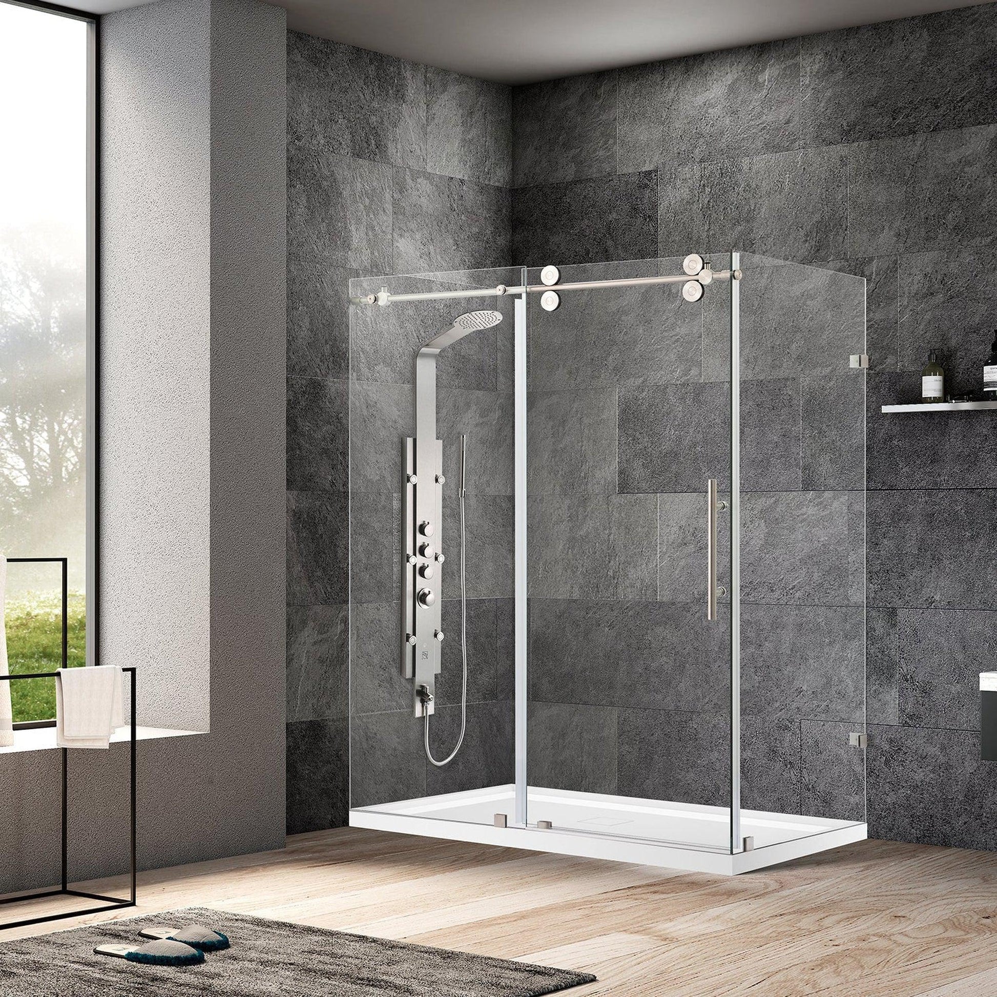 Vinnova Villena 56" x 78" Rectangle Single Sliding Frameless Shower Enclosure in Brushed Nickel Finish