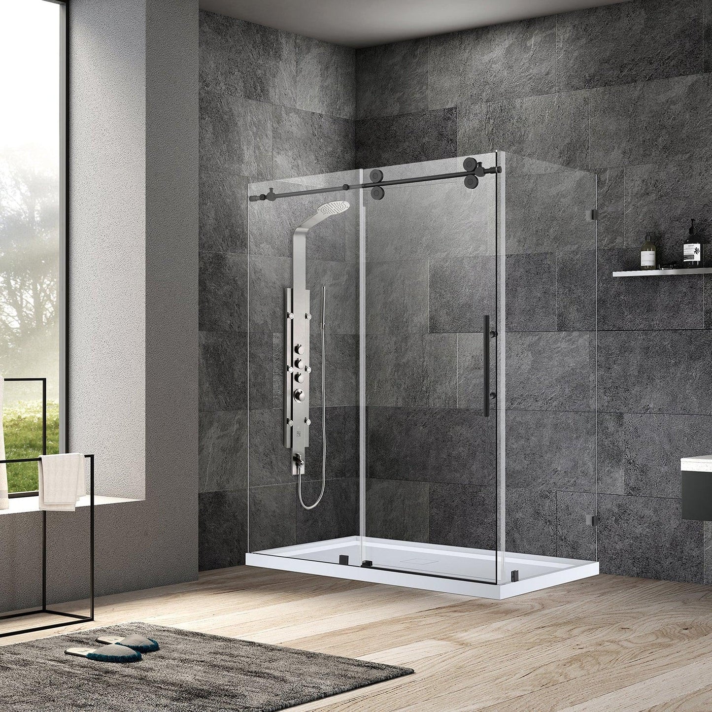 Vinnova Villena 56" x 78" Rectangle Single Sliding Frameless Shower Enclosure in Matte Black Finish