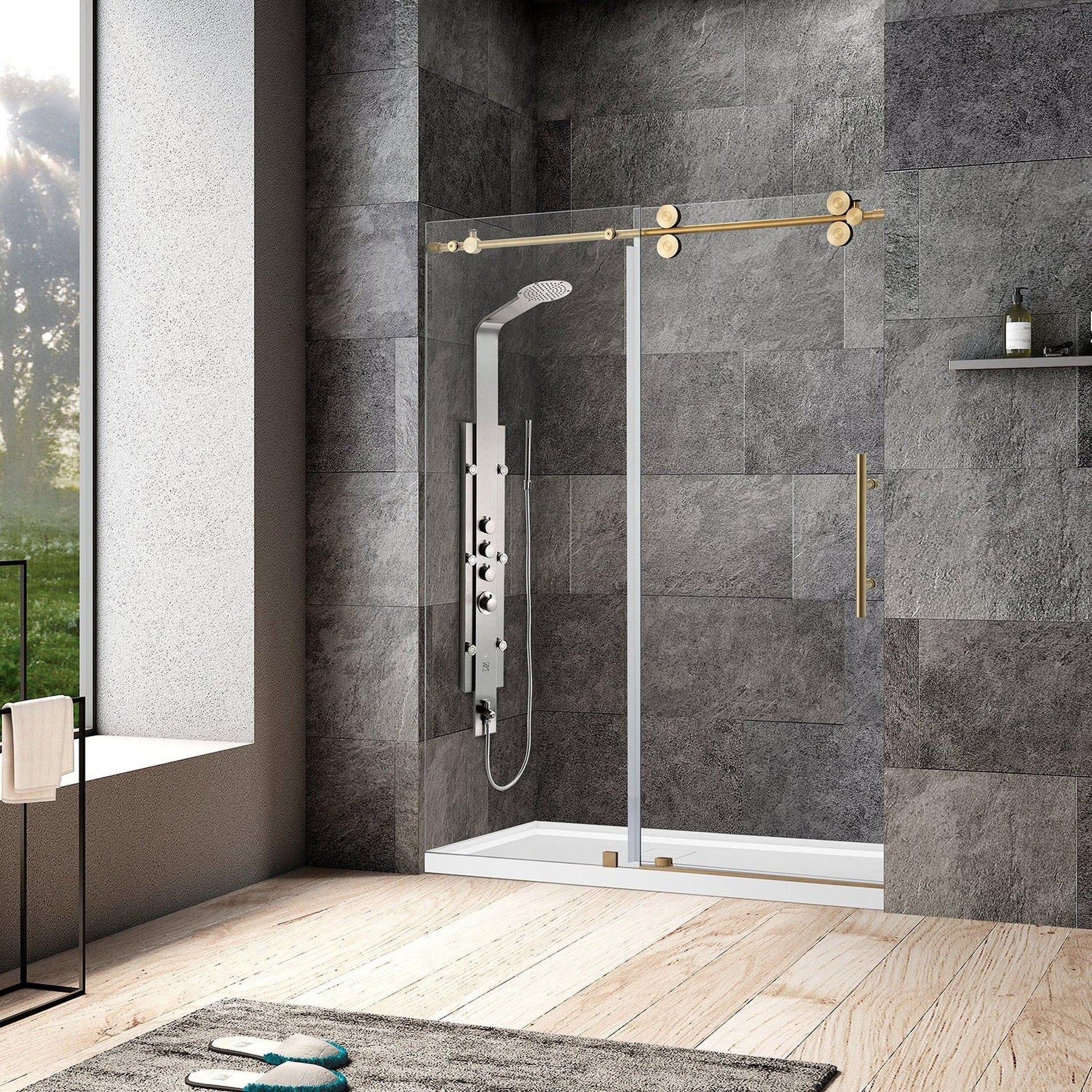 Vinnova Villena 56" x 78" Single Sliding Frameless Shower Door in Brushed Gold Finish