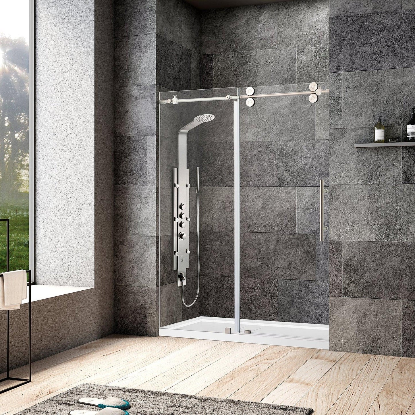 Vinnova Villena 56" x 78" Single Sliding Frameless Shower Door in Brushed Nickel Finish